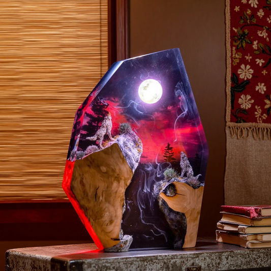 Wolf Howl Resin Lamp – Red & Black Night Scene – Fantasy Night Light