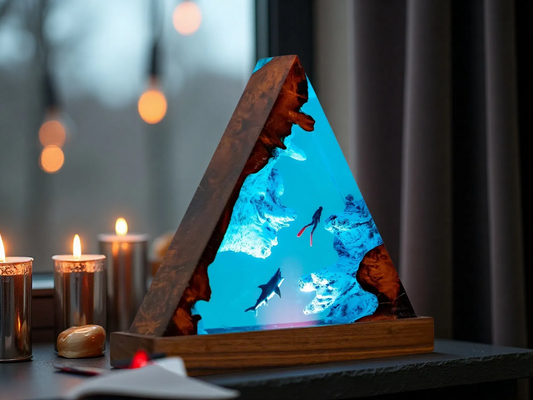 Scuba Diver & Shark Resin Lamp – Midnight Edition – Ocean Night Light