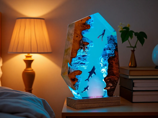 Scuba Diver & Shark Resin Lamp – Ocean Breeze Edition – Ocean Night Light