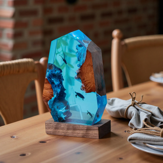 Scuba Diver & Shark Resin Lamp – Azure Edition – Ocean Night Light